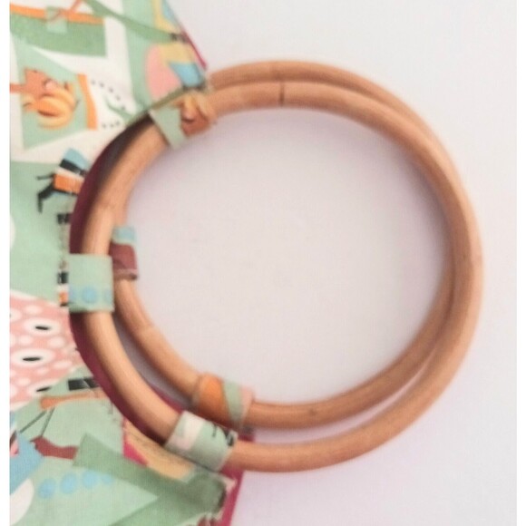 VTG Neiman Marcus Fashion Diva Green Cotton Print Tote Bamboo Ring Handle - Picture 2 of 11